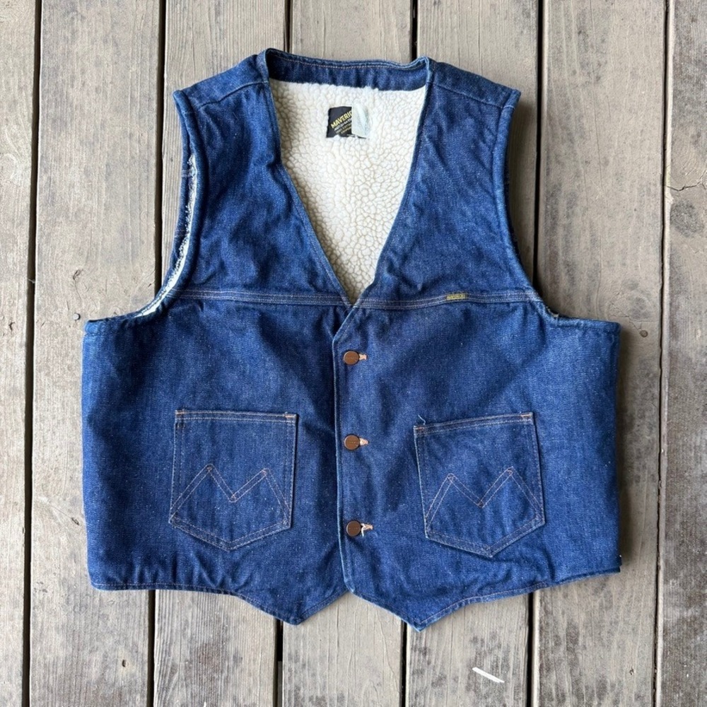 Maverick Vintage Sherpa Lined Denim Vest Blue Western Workwear Trucker USA XL